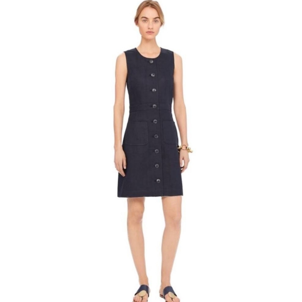 Tory Burch 2 Navy Blue Linen Button Front Sleeveless Shift Dress